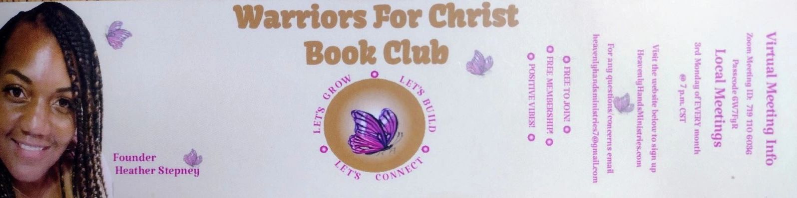 Warriors For Christ Book Club banner with founder Heather Stepney.