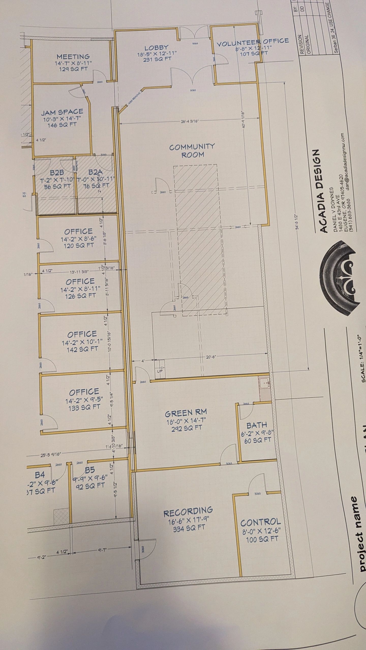 Blueprint of a community center with various functional rooms and offices.