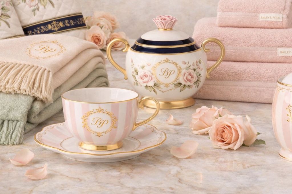 An elegant arrangement of heirloom porcelain and soft textiles in blush and gold tones, designed for