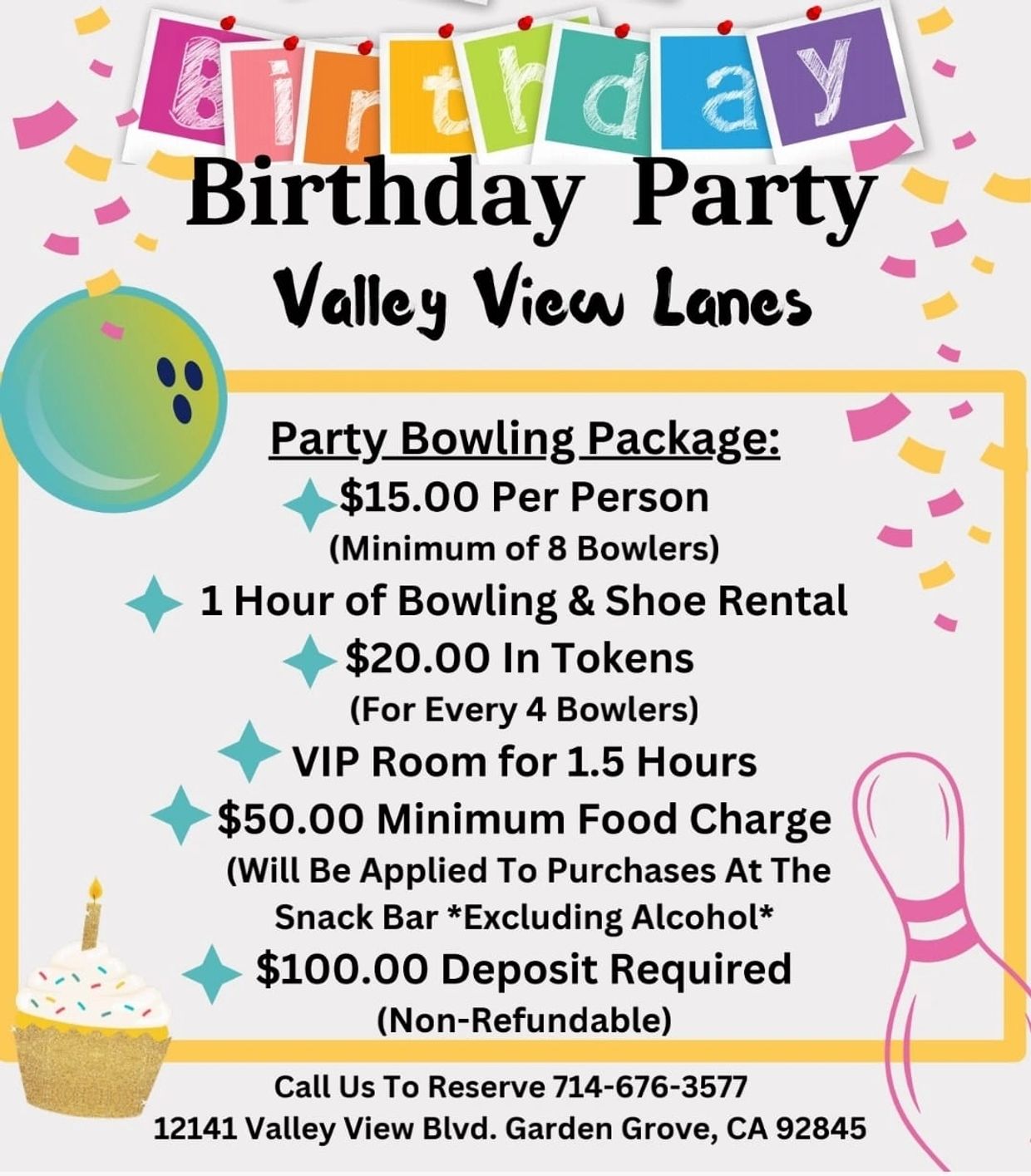 Birthday party bowling package at Valley View Lanes with food and VIP room.