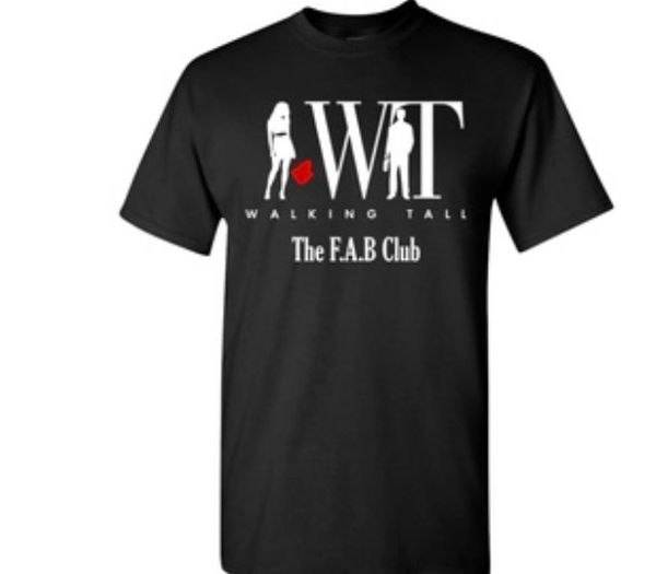 Black T-shirt with "WT Walking Tall The F.A.B Club" text and silhouettes of a man and woman.