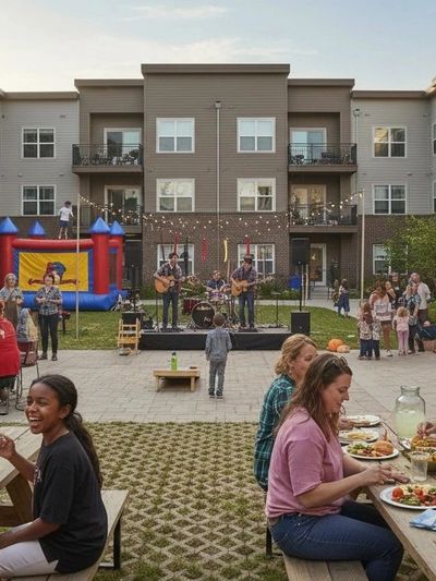 Community gathering with live music, food, and kids playing in front of apartment buildings.