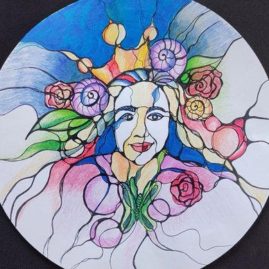 Abstract colorful face with floral elements.