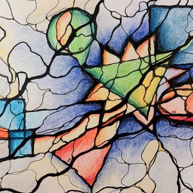 Abstract geometric artwork with vibrant colors and black lines.