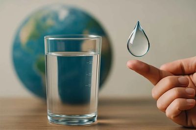 A water drop above a finger with a glass of water and a globe in the background.