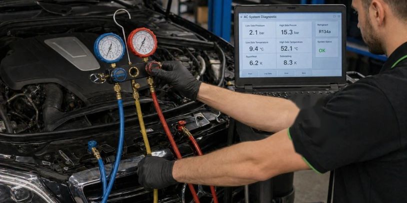Technician diagnosing car AC system using gauges and laptop.