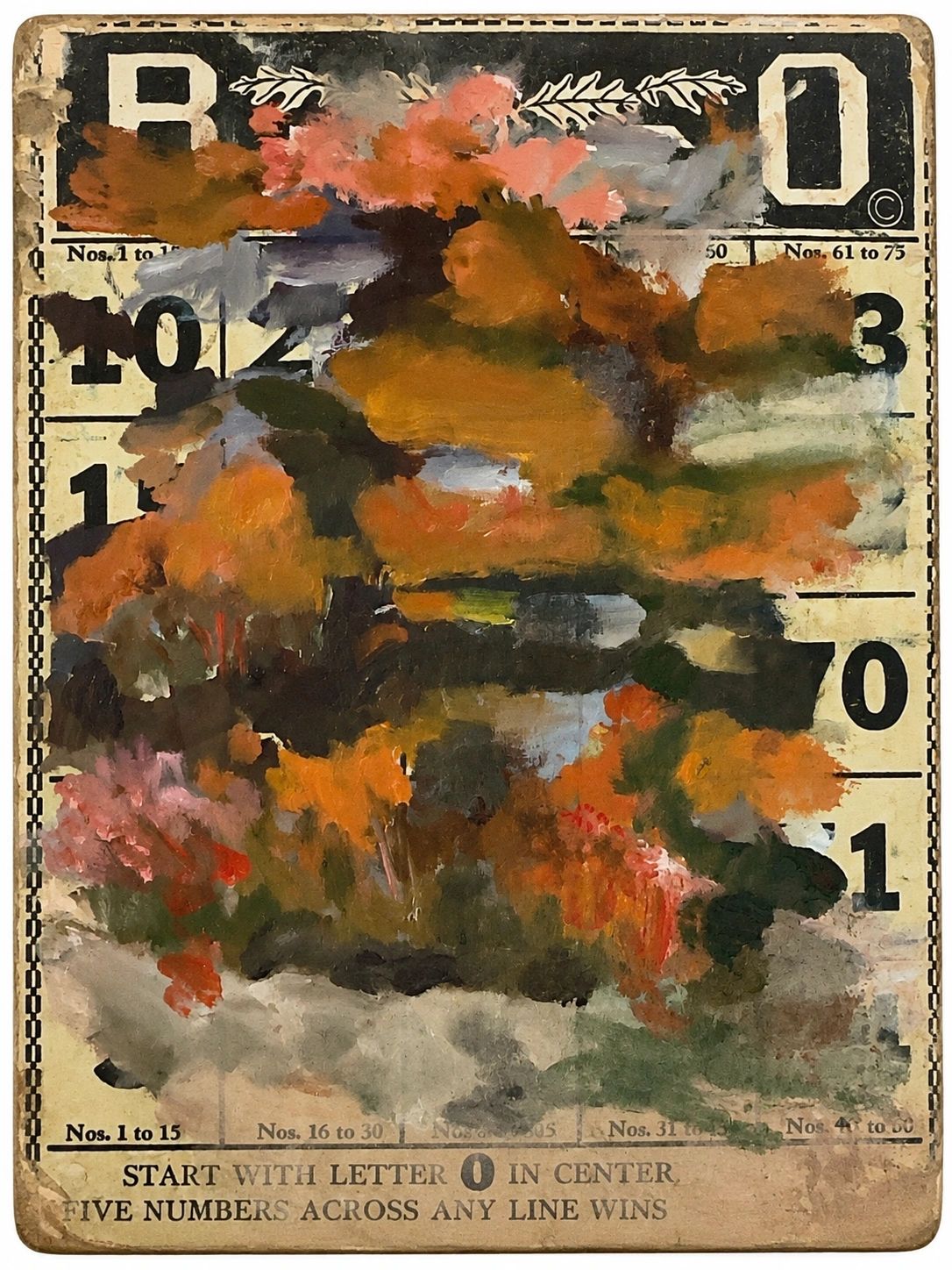 Abstract painting on a vintage Bingo card.