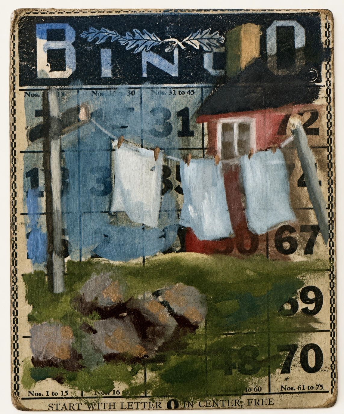 Bingo card with a painted house and clothesline.