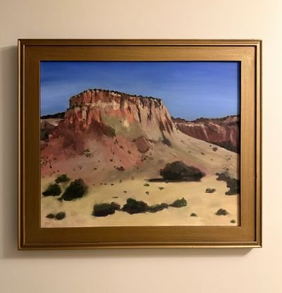 Landscape painting of a rocky plateau under a blue sky.