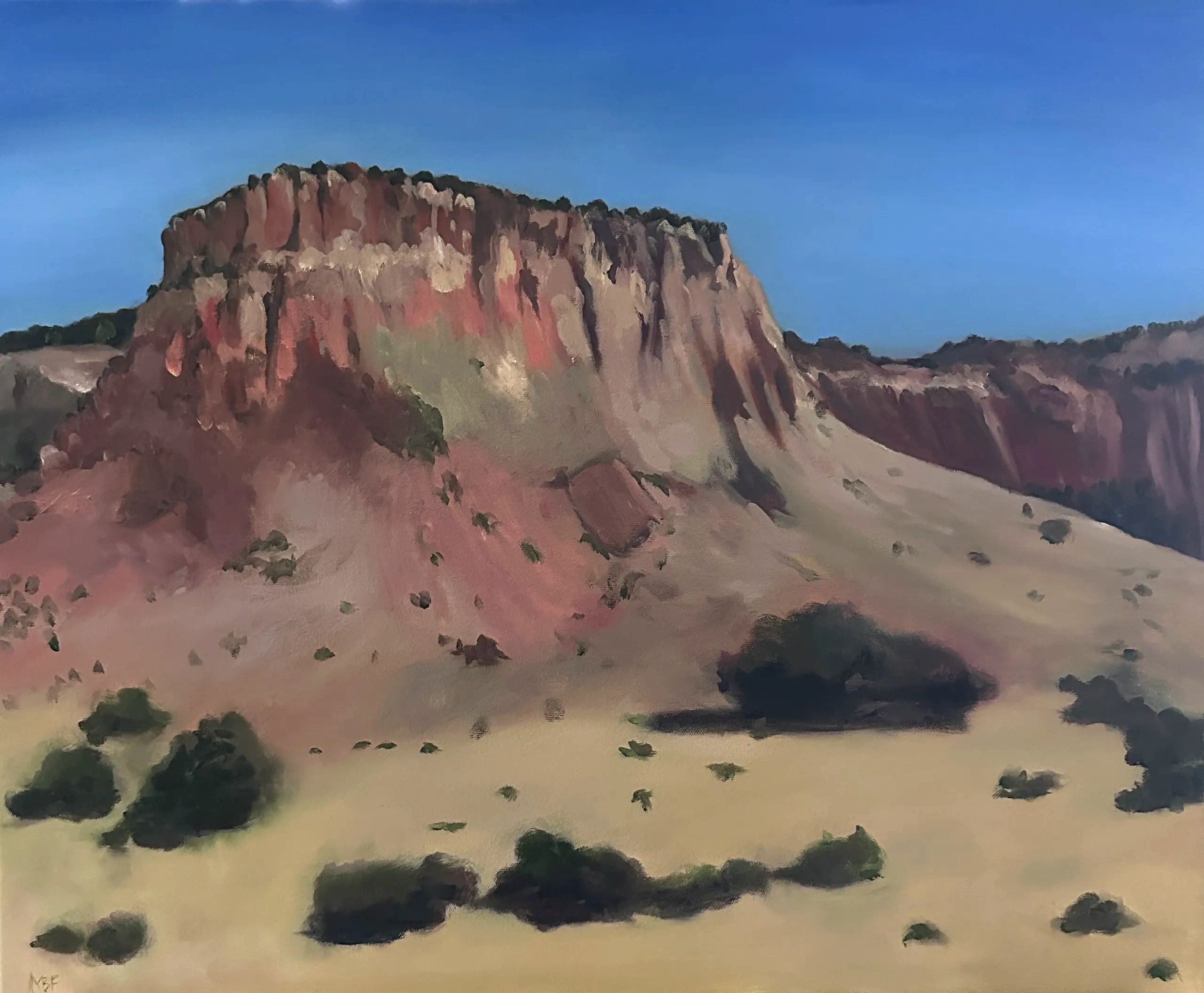 Painting of a mesa under a clear blue sky.