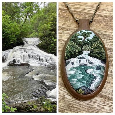 Turtletown Falls. Small embroidered pendant set in hand carved wooden bezel.