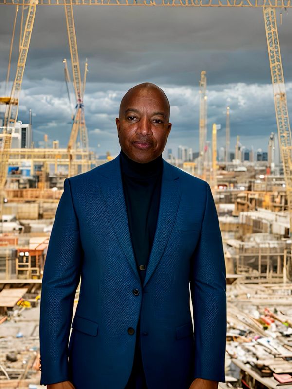 Man in blue suit stands in front of a construction site.