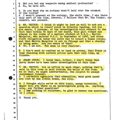 LAPD Officer Harry Hanson grand jury testimony, 12/6/1949 - highlighted section regarding the body b