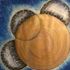 mixed media painting of 3 discs orbiting large golden disc