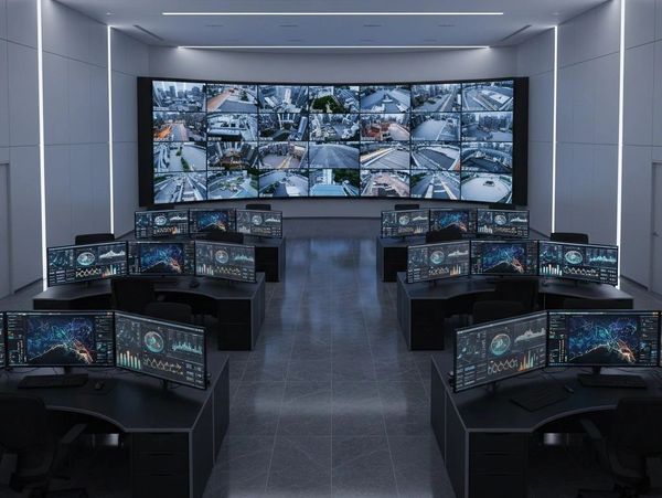 High-tech control room with multiple screens monitoring city surveillance.