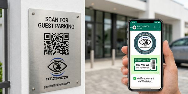 A QR code sign for guest parking linked to Eye Dispatch app verification.
