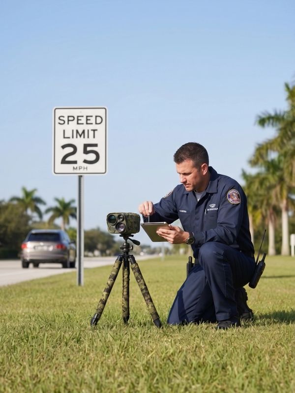 Police officer sets up speed radar near 25 mph speed limit sign.