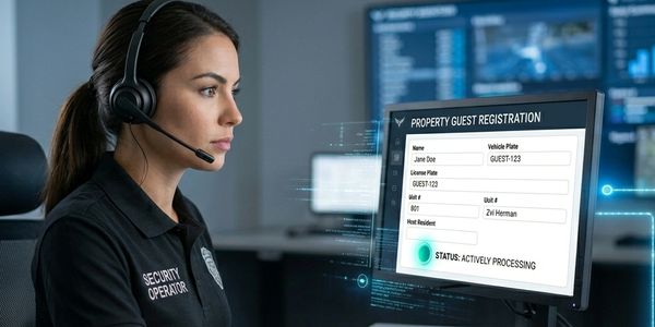 Security operator monitoring digital property guest registration.