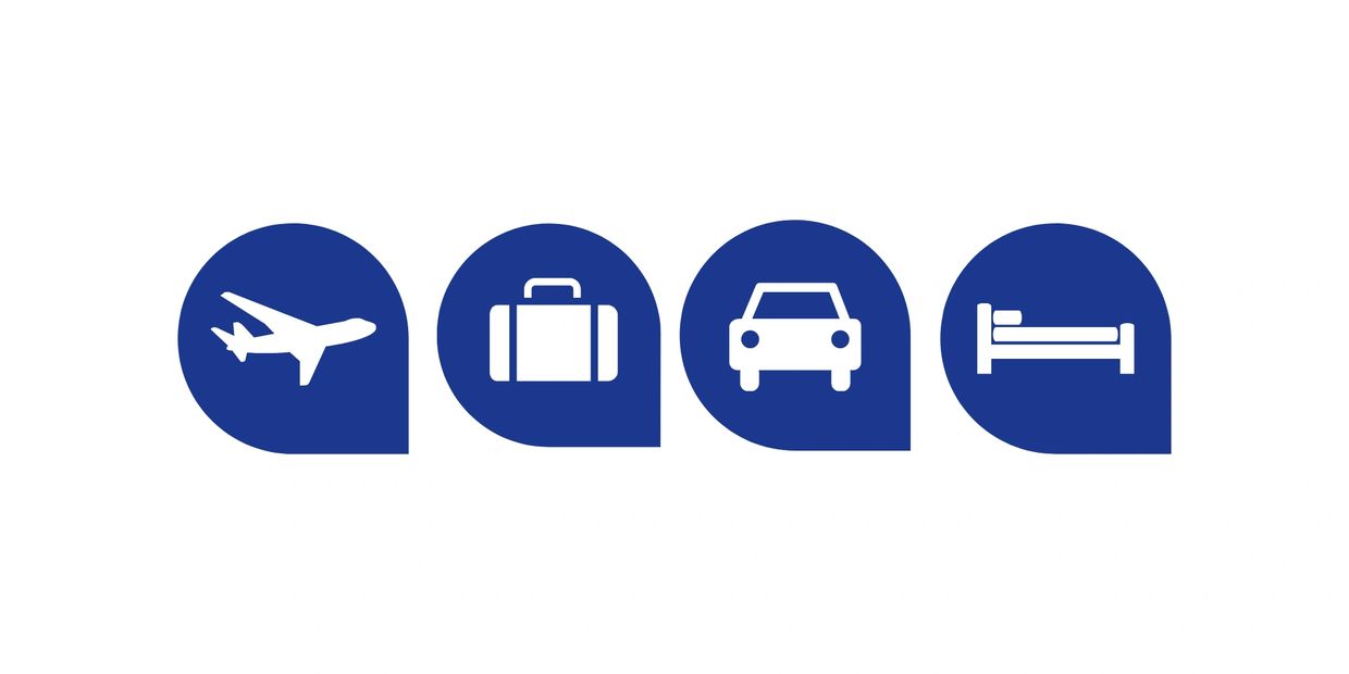 Icons of airplane, suitcase, car, and bed in blue markers.