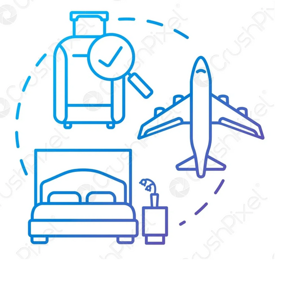 Icons representing travel, luggage check, and accommodation.