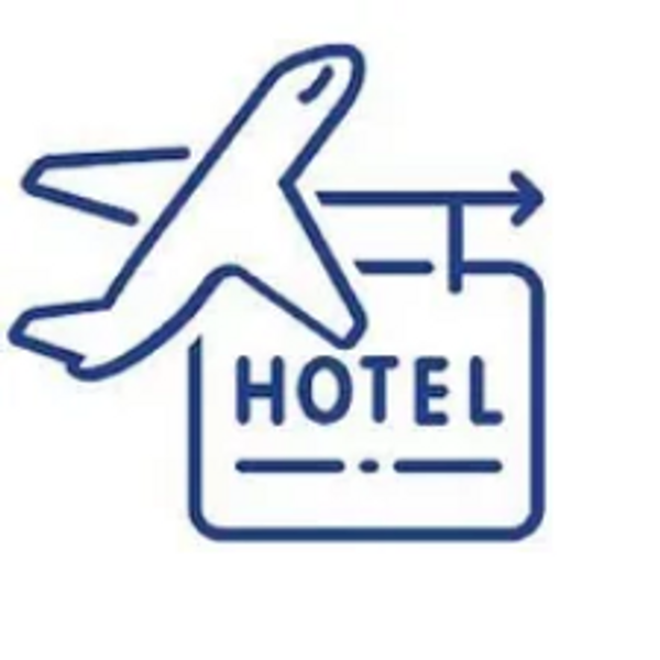 Icon of an airplane flying over a hotel sign with an arrow.