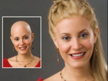 woman's before and after wig fitting