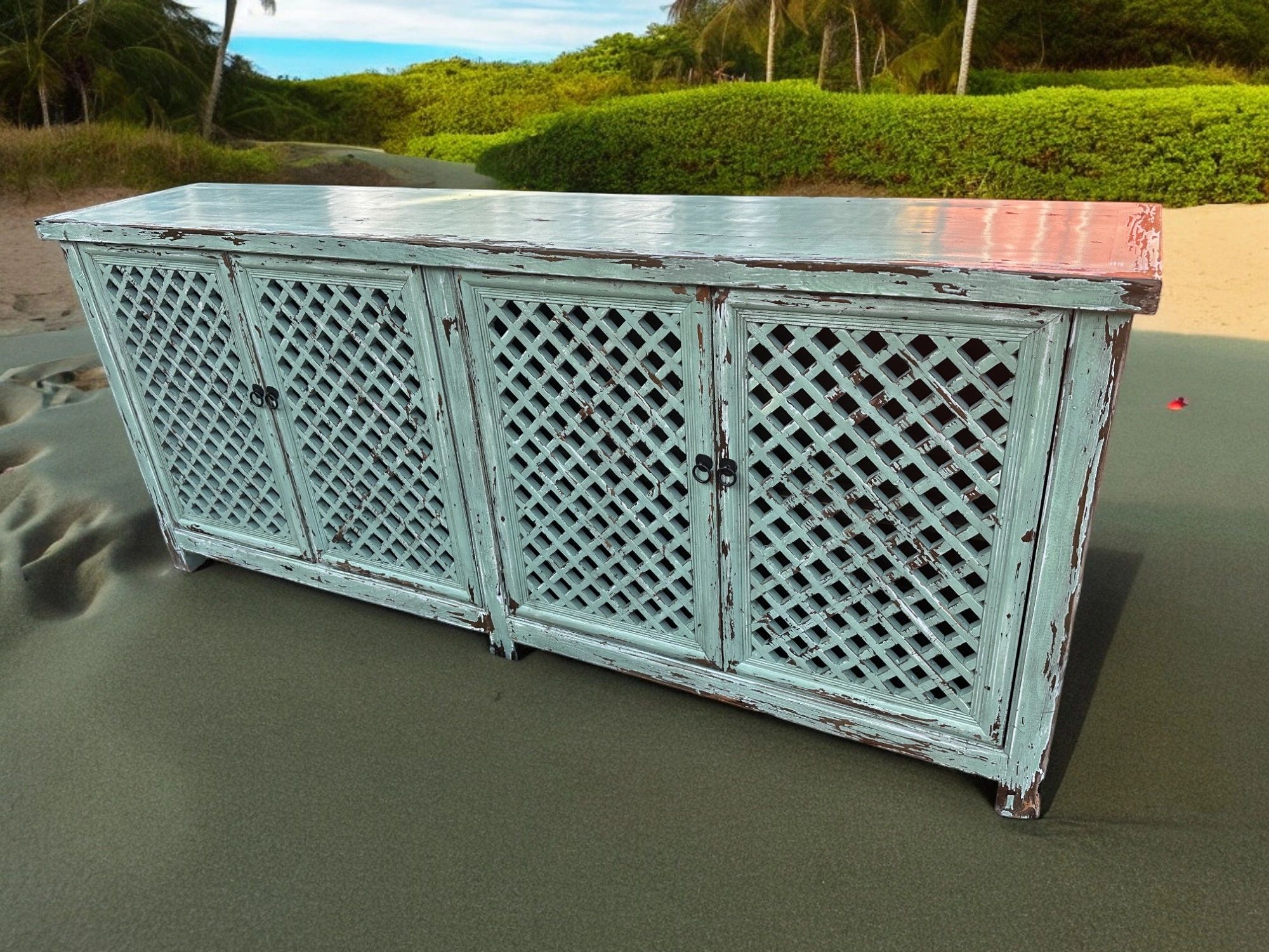 Sideboard, TV or buffet cabinet with lattice doors in rustic beachy turquoise finish at Decor Direct