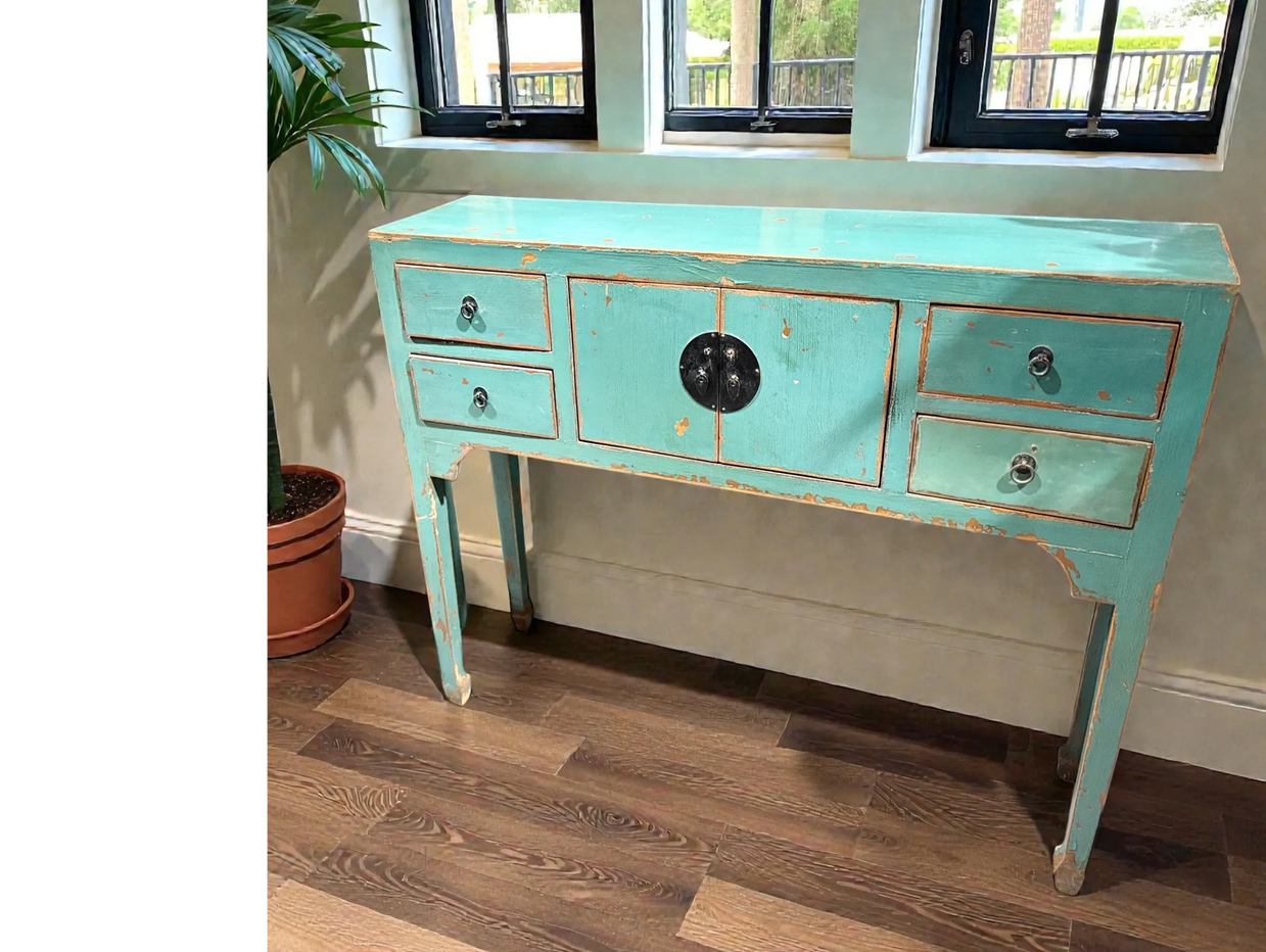Hall Table Coastal Aqua Blue Distressed Painted Finish
