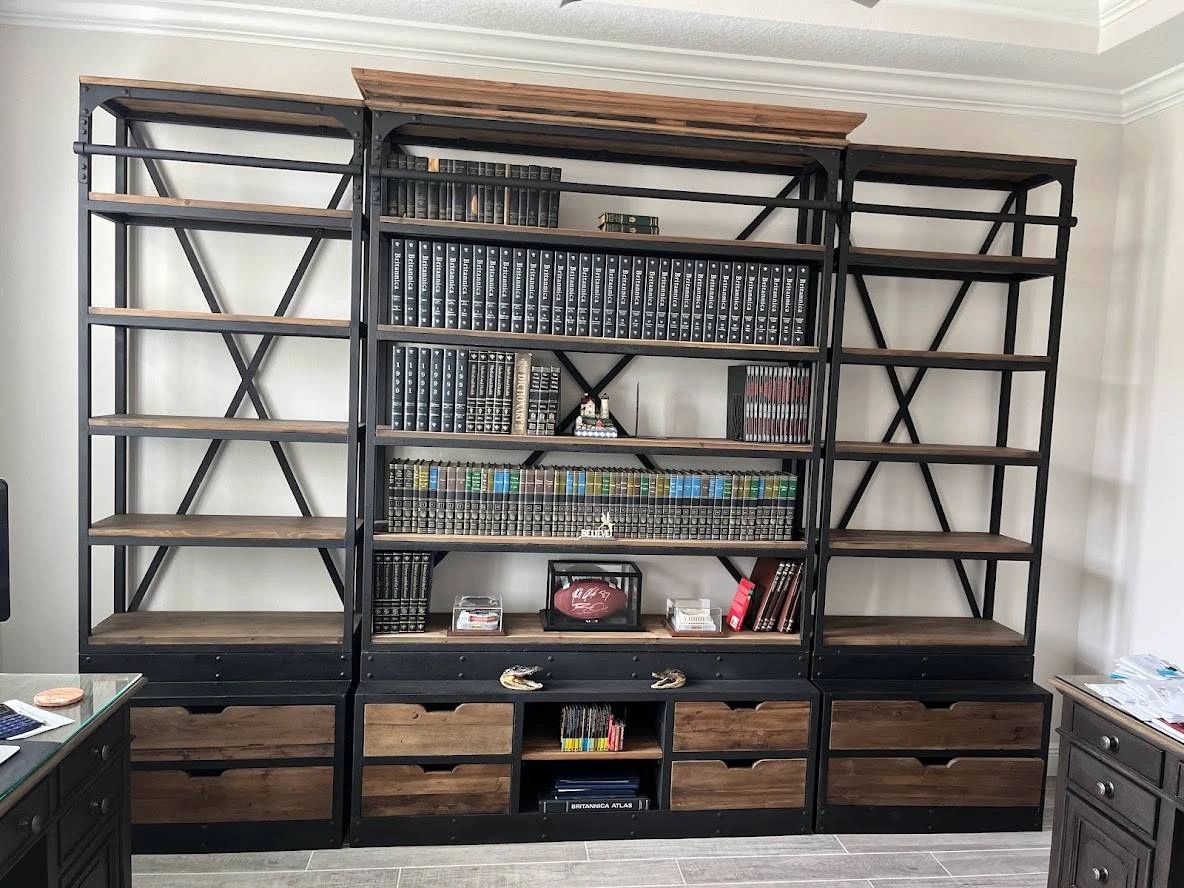 3 piece ladder library bookshelf with rustic wood, iron frame. Crown molding, open shelving & drawers