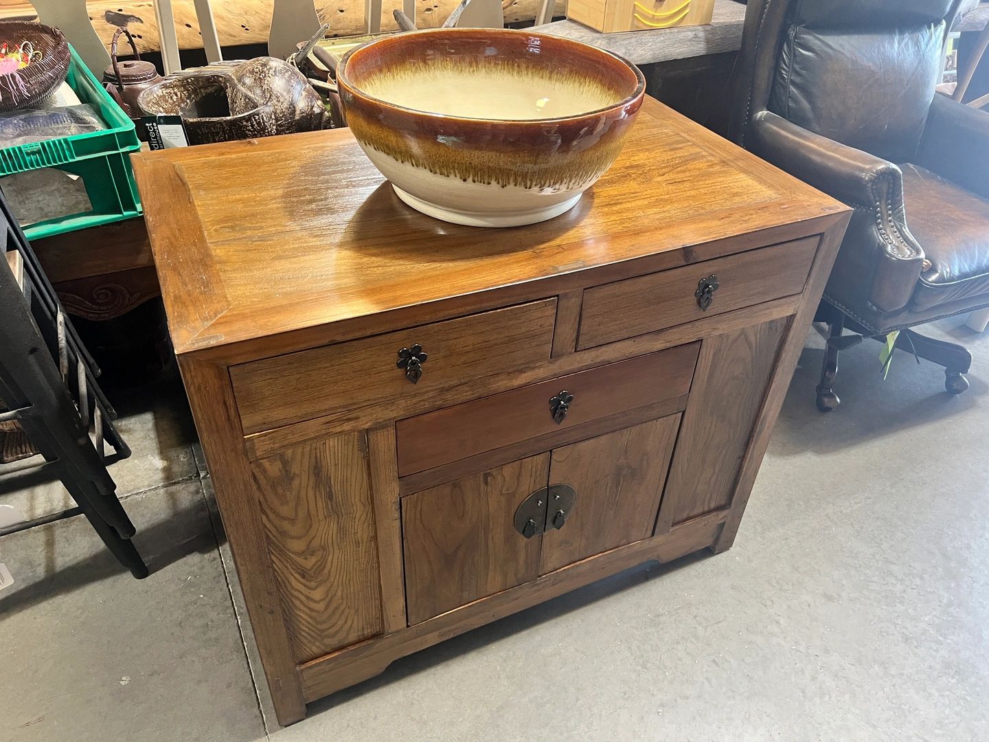 Antique elmwood 2 drawer cabinet to make into bath vanity with artisan drip glaze vessel sink