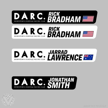 Four racing team name decals with flags and names on a gray background.