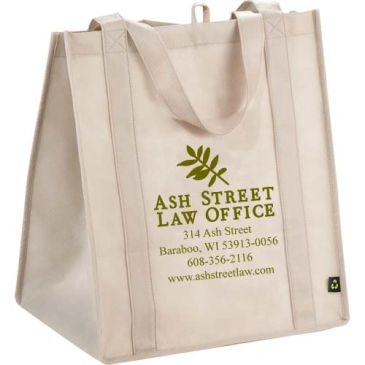 Beige reusable tote bag with law office branding.