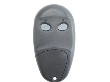 Black remote control with two buttons and a keyring hole.