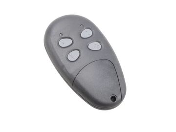 Black remote control with four buttons on a white background.