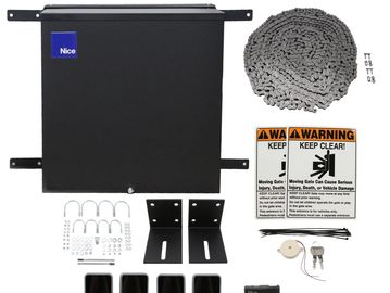 Automatic gate opener kit with various components and warning signs.