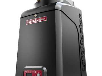 A black LiftMaster garage door opener with red accents.