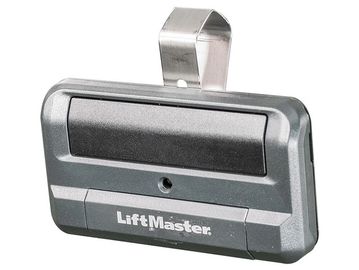 LiftMaster garage door remote control in gray with a clip.