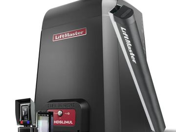 A black LiftMaster garage door opener with accessories.