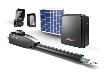 LiftMaster solar-powered gate opener kit with accessories.