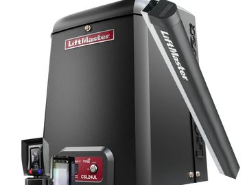 A black LiftMaster gate opener with accessories on a white background.