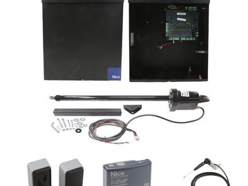 Gate automation kit with control box, motor, sensors, and remote.