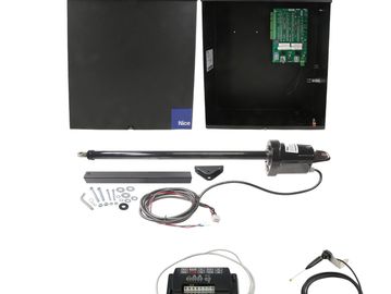Gate automation kit with control box and actuator.
