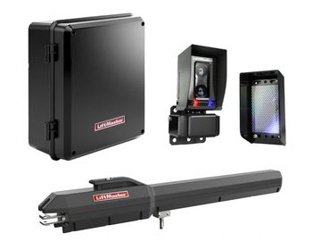 LiftMaster gate opener components including control box and arm.