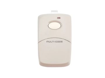 A beige remote control with a single button and indicator light.