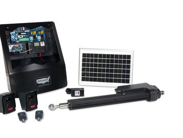 Solar-powered automatic gate opener kit with control panel and accessories.
