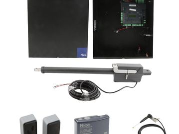 Automatic gate opener kit with control box and accessories.