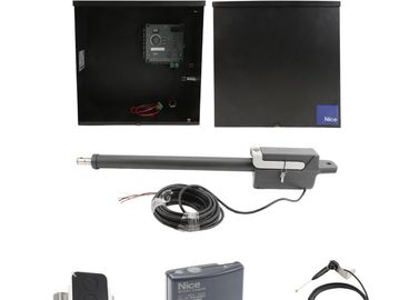 Automatic gate opener kit with control box and remote.