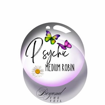 Logo for Psychic Medium Robin with butterflies and a daisy inside a crystal ball.