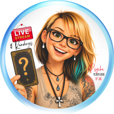 A cheerful woman with glasses holding a tarot card for a live psychic reading.