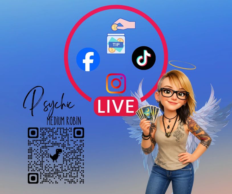 Cartoon psychic with tarot cards, social media logos, and a tip jar icon for live sessions.